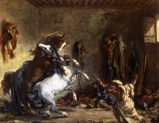Chevaux arabes se battant dans une écurie, par Eugène Delacroix