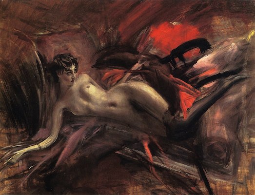 Femme nue aux bas foncés sur un divan, par Giovanni Boldini