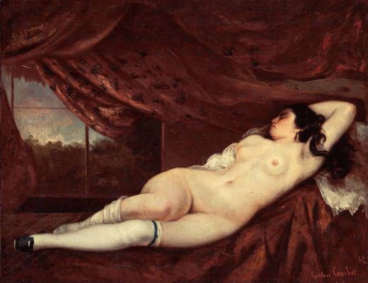 Femme nue et couchée sur fond rouge, par Gustave Courbet