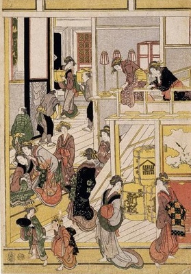 Jour du nouvel an à la maison de thé Ogi-Ya, par Katsushika Hokusai